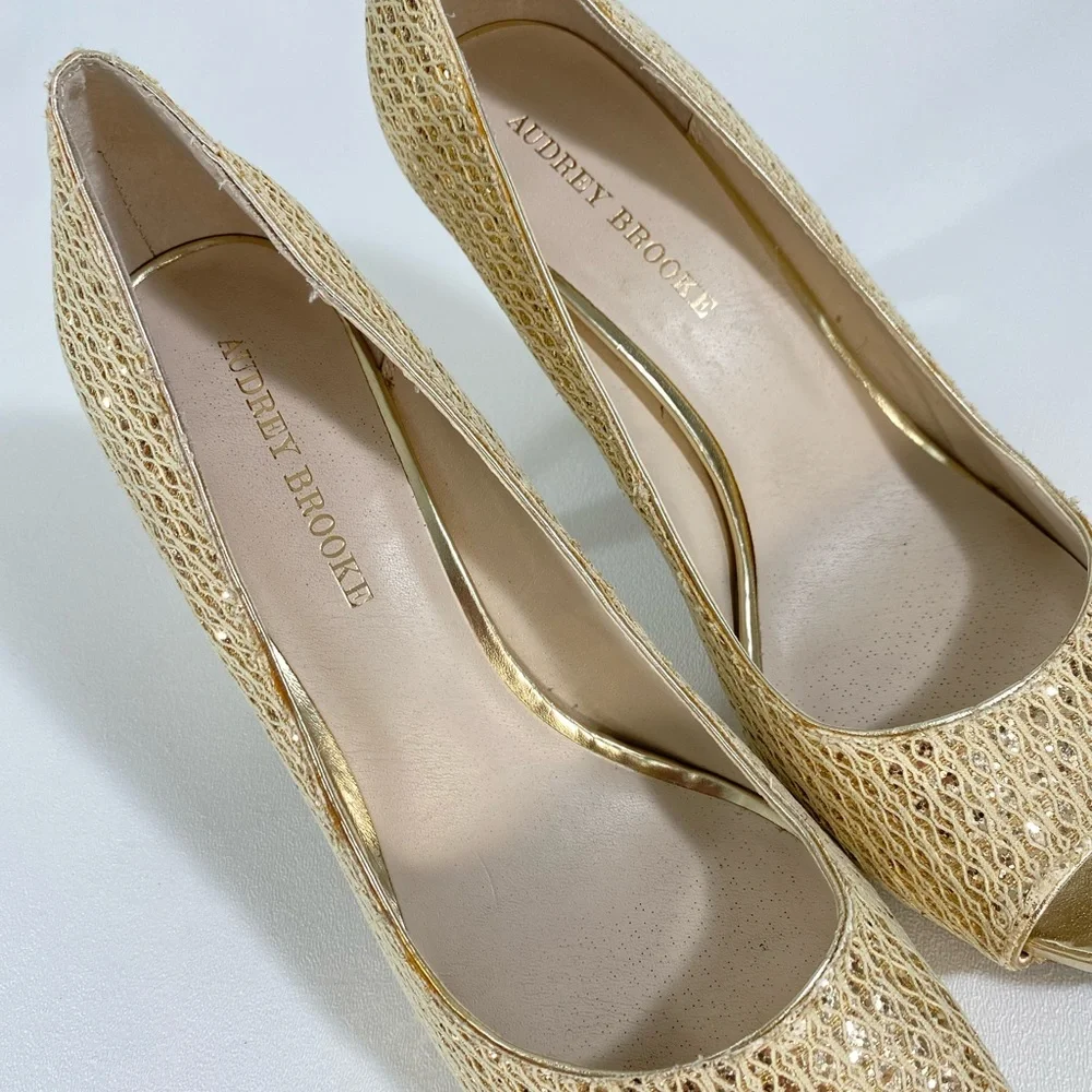 Gold Shimmer Peep Toe Heels 10 Audrey Brooke 4